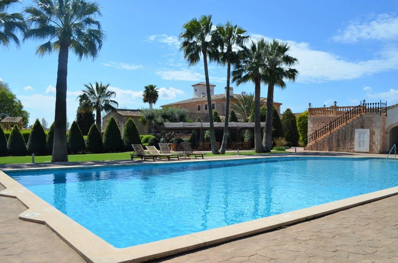 Pool in a garden with palms in front of a stone manor